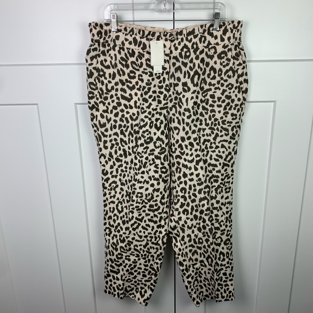 NWT J Crew Ruffle Waist Linen Pants Leopard Print Size 14 Career Old Money